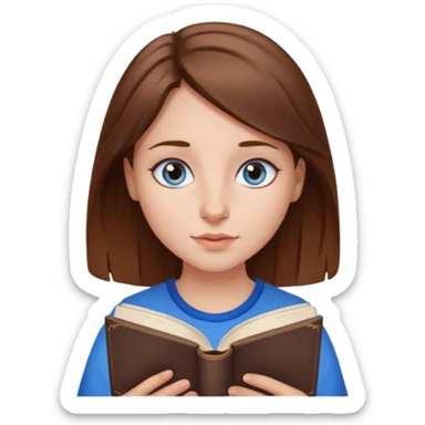 A girl with brown hair, blue eyes, and a nose piercing reading a book sticker