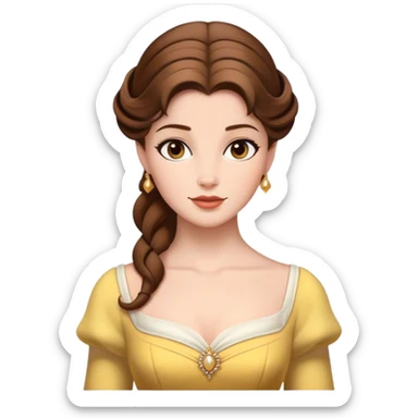 Cinematic Realistic Belle Portrait, depicted with lifelike skin texture, soft natural lighting, and intricately detailed brown hair styled elegantly. Her deep, expressive eyes exude warmth and intelligence, complemented by a serene and graceful expression. She is dressed in her classic attire, with rich fabric textures and delicate folds that catch the light beautifully. The portrait features a soft, enchanting glow with a natural, radiant finish, capturing the essence of timeless beauty in a realistic and painterly style, evoking a sense of depth and authenticity. sticker