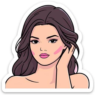 Kendall Jenner, elongated face, long flowing hair, pink glossy lipgloss, pink blush on cheeks, bare shoulders and upper body sticker
