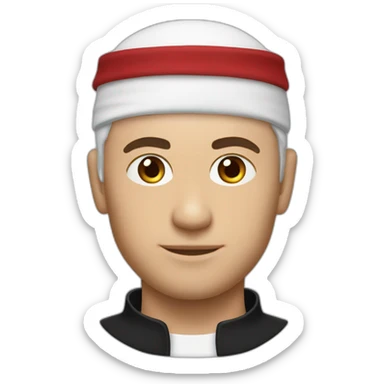 White man wearing black omani musar (head cover), with white top sticker