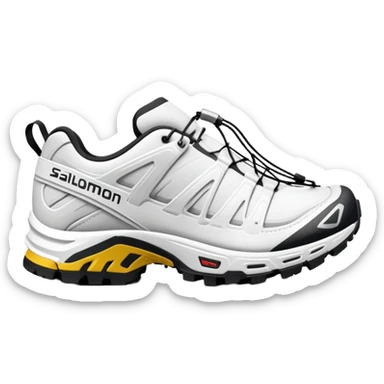Super simplified pair of white Salomon XT-6 shoes, flat design iOS emoji style, minimal approach with only the most essential details, one positioned behind the other sticker