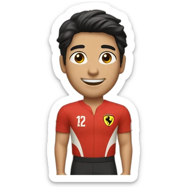 A smiling white teen with a long face in red Ferrari jersey with very short black hair and light green eyes and dig cheeks sticker
