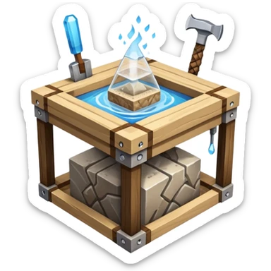 crafting table with tools, stone, wood, glass, sand, steam, water... like a minecraft style cube crafting table 100% like a minecraft table crafting, with on the right, left, a glass showing crafting merging between stone and wood sticker