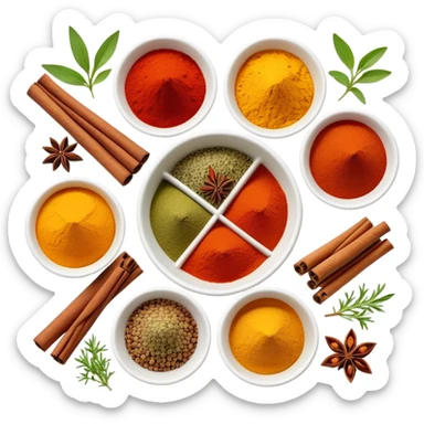 Assorted colorful spices in small bowls, including red paprika, yellow turmeric, green herbs, and brown cinnamon sticks sticker