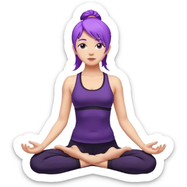 A woman with purple hair standing tall in mountain pose, wearing a black yoga outfit, calm expression, mandala background, digital art style. sticker