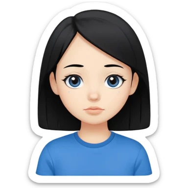 Cute cartoon-style girl portrait, black hair, blue t-shirt, big black eyes, closed mouth,clean bold lines, flat colors, minimal shading sticker
