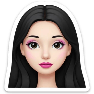 A girl's face with a thin face, dimples, with mascara and pink lipstick, white skin, black and long hair  sticker
