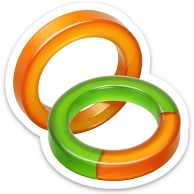 2 gummy rings, first one half orange half cream color, second one half green colored and other half cream colour, both sugarcoated sticker