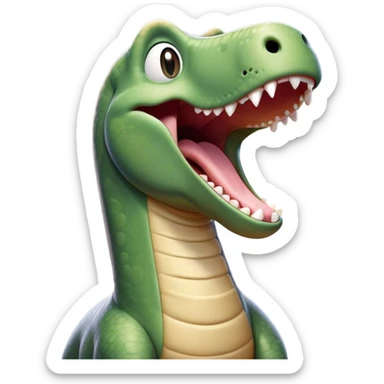 Cinematic Cute Yawning Brontosaurus Portrait Emoji, Head tilted slightly with a dramatic, wide-open yawn, showcasing its monumental, elongated neck and a massive, textured body with sleepy, half-closed eyes and a relaxed, open mouth, Simplified yet irresistibly cute features, highly detailed, glowing with a soft, cozy ancient glow, high shine, relaxed yet expressive, stylized with a dash of whimsical prehistoric ease, soft glowing outline, capturing the essence of a drowsy yet affectionate Brontosaurus that appears ready to stretch and yawn its way out of the screen! sticker