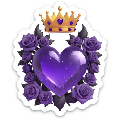 gothic heart made of purple glass with a crescent moon below the heart, black roses forming a crown, twinkling stardust, split lightning, scattered raindrops, splintered cracked glass texture sticker