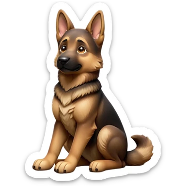 cinematic-[german shepherd]-realistic-full-body-sitting-emoji,-tail-resting-loosely-beside-its-paws,-head-tilted-dramatically,-sleek-[brown and black]-fur,-simplified-yet-realistic-focused-features,-highly-detailed,-glowing-with-an-almost-sarcastic-glow sticker