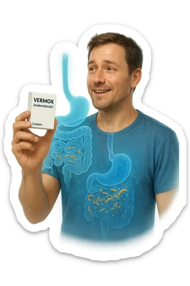 A realistic, cinematic illustration of a man in his late 30s holding a small white box of ‘Vermox’ (mebendazole) in one hand, with a relieved and hopeful expression on his face. Behind him, a semi-transparent overlay shows his digestive tract where small, symbolic worm-like parasites are dissolving and disappearing, indicating the medication’s effect. The environment is clean and bright, with a medical yet hopeful tone, conveying the concept of effective parasite removal. Subtle blue and green tones symbolize cleansing and health restoration, while the man appears energized and ready to reclaim his well-being sticker