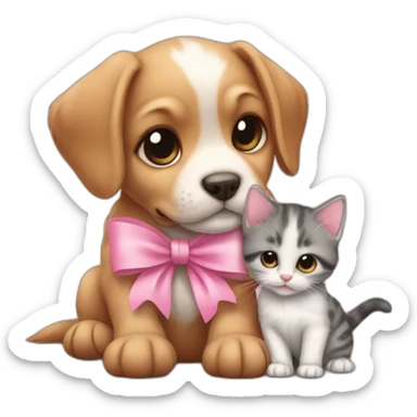 small puppy with a kitten, both with a pink bow sticker