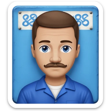 Graffiti from Lockdown with light skin, blue eyes, brown hair and thin mustache , cobalt blue inmate outfit  sticker