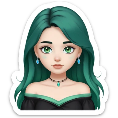 a soft, dolllike emoji girl with light sage green skin and big green-blue eyes, long black hair that swoops gently at the ends, a tiny silver nose stud and a eyebrow piercing on the left side. off the shoulder black top that shows her collarbones sticker
