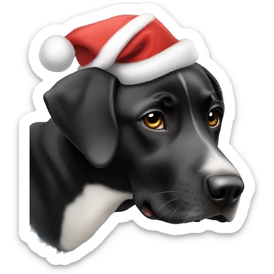 Black lab with ears folded down and white patch on chest wearing a Santa hat sticker
