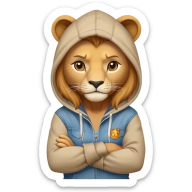 determined anthropomorphised female lion in a hoodie and jeans with arms folded, energetic pose sticker