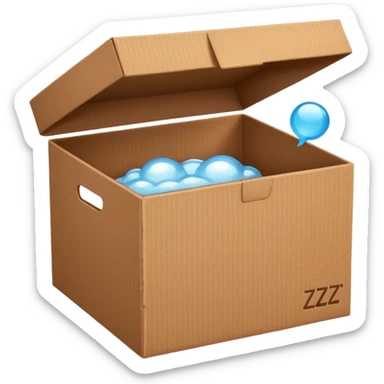 emoji of sleeping box, box is brown colored, open and empty, with a tiny Zzz bubble sticker