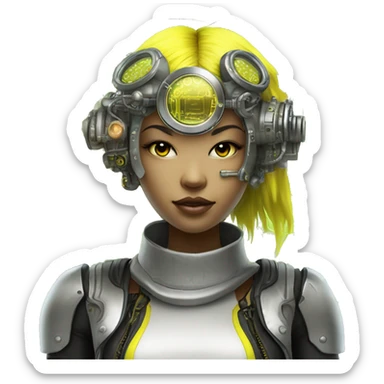 Neon yellow bobbed hair Asian female cyborg head with silver steampunk goggles and circuits sticker