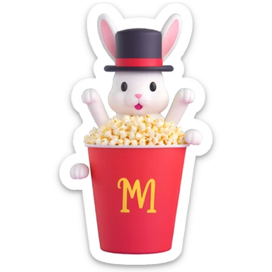popcorn bucket with a white bunny popping out wearing a black top hat sticker