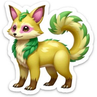 Colorful brown with rose-pink, yellow-beige-cream, jade-green tropical exotic shiny beautiful fantasy-Vernid-Cacomistle-animal-Fakémon-hybrid-fursona (full body) sticker