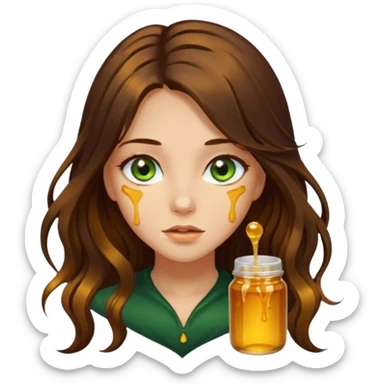 Pretty girl, with long dark brown honey hair and green eyes and hair strands dripping with honey sticker