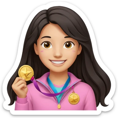 black haired girl wearing pastel pink with one medal, remove any hats, make her smile, make her hair longer, make her tan. no blue please and i said one medal only sticker