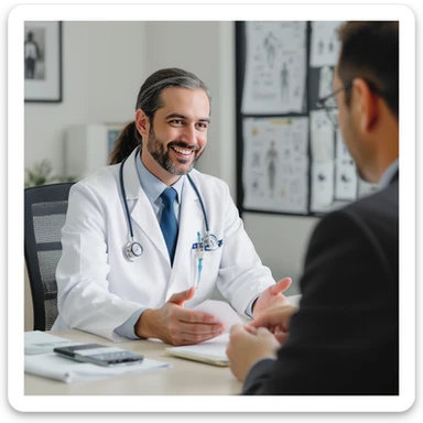 vertical scene in a professional medical office, a doctor suggesting orthotic insoles to a client with poor posture, including symbols of exercises and other specialists to communicate a holistic approach, professional illustrative style sticker