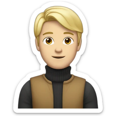 white-skinned guy in a turtleneck with blond hair shows a peace sign sticker
