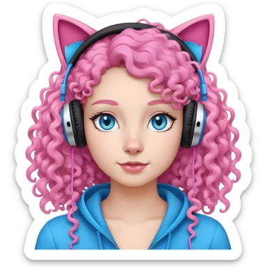 A woman with curly half black half white long hair and bright blue eyes wearing pink cat over the ear headphones sticker