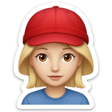 A blonde woman with light brown eyes with white skin and wearing a red cap sticker