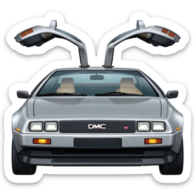 Silver DMC 12 Delorean, closed doors, backside view sticker