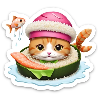 cat wearing a sushi hat with rice base, multiple fish pieces on top, wasabi accent, pink ginger slices, and lots of soy sauce heavily dripping down the sides sticker