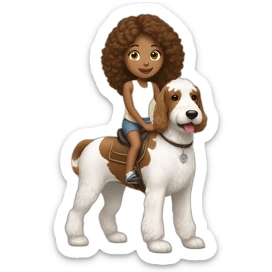 Brown girl straight hair riding a tan and white bernadoodle sticker