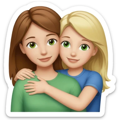 Maman avec les cheveux marrons les yeux marrons et la peau blanche, la fille avec les cheveux blond les yeux verts et la peau blanche, qui se font un câlin  sticker