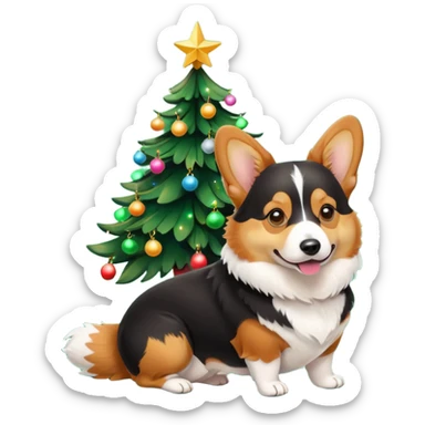 black tricolor corgi with no tail and christmas tree next to it sticker