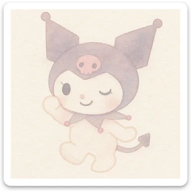 Kuromi character, watercolor art style, winking, playful pose, pink and purple tones sticker