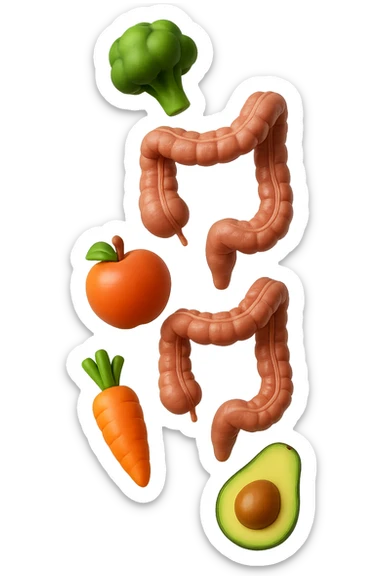 emoji stile iphone in 3d di cibo sano che fluttua in aria vericalmente insieme a pezzi di colon umano anatomico, iperrealistico 4k sticker