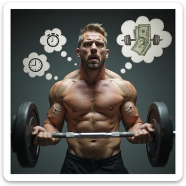 realistic, dramatic; man in gym, average build, lifting weights, stressed and anxious expression, sweat, eyes with mental overload, background with swirling icons and thought bubbles (stress, bills, time, work), expressive body, focus on mental strain sticker