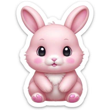 Cinematic adorable pastel pink bunny, chubby cheeks, tiny paws, sparkling round eyes, soft fur with a gentle glow, slightly tilted head, wearing a tiny bow, irresistibly cute and heartwarming. sticker