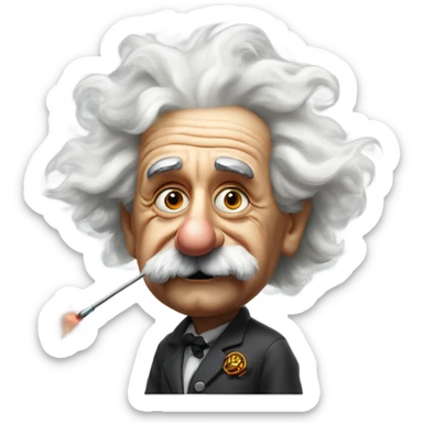 Albert Einstein holds a magic wand in his hand that’s emitting smoke. His eyes are blood shot red sticker