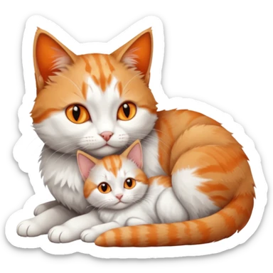 full body of a grey and white cat cuddling a very small + skinny ginger and white kitten with deep orange eyes and triangular shaped face lying down sticker