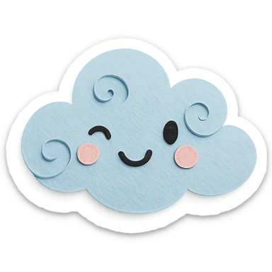 cute light blue cloud, soft swirls, winking face, soft pastel palette, no arms or legs, full body, paper craft style sticker