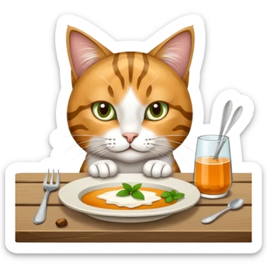 grau weiße Katze auf Tisch mit einem Teller Frikadellen vor sich sticker