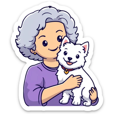 50-year-old woman with silver curly hair, smiling, with a Westie dog, cartoonish sticker sticker