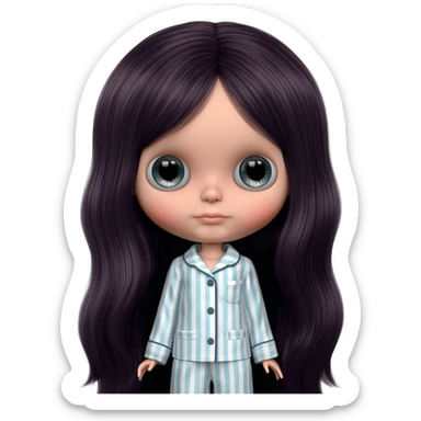 Make me an emoji that is wearing pajamas maker her a Blythe doll type emojiMake her hair longer Make her hair darker sticker