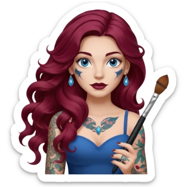  Female long wavy burgundy hair, blue eyes, large tattooed, artist with a makeup brush  sticker