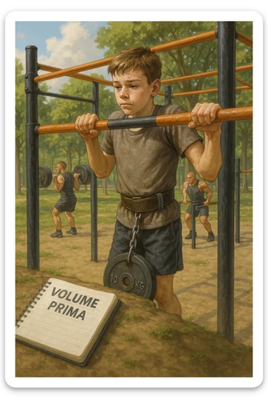 Atleta neofita giovane in un parco attrezzato per streetlifting, fisico ancora in fase iniziale. È intento a eseguire molte ripetizioni di esercizi a corpo libero con pesi leggeri (zavorra moderata), come trazioni e dip su parallele. Accanto a lui un taccuino di allenamento con la scritta 'Volume Prima'. L’atmosfera è luminosa e motivante, con altri atleti più muscolosi che sollevano carichi pesanti, ma lui è concentrato sul gesto tecnico e sulla costanza. Stile realistico, colori naturali, messaggio educativo su priorità all’adattamento progressivo e al volume. sticker
