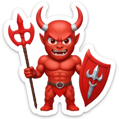 Red devil emoji, 3D cartoon style, muscular body, bright red skin, big curved white horns, angry face, sharp teeth smile, holding red trident, glossy emoji texture, centered character, GREEN SCREEN BACKGROUND, solid green color sticker