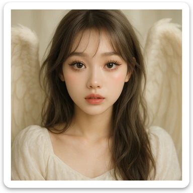 angelic girl with brown grayish hair, big doe eyes, spider eyelashes, douyin Korean makeup, soft lighting, ethereal vibe sticker